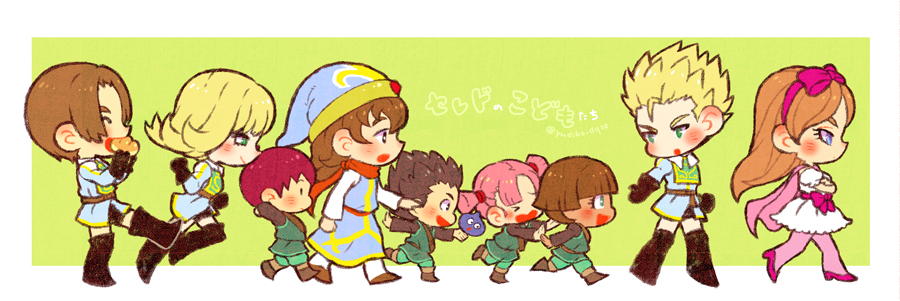4girls 5boys androgynous arms_behind_head blonde_hair blue_eyes blue_robe blunt_bangs blunt_ends boots border bow bow_hairband brown_hair cape character_request chibi child commentary_request crossed_arms dark_skin dragon_quest dragon_quest_x dress firo_(dq10) green_background green_eyes green_shorts green_tunic hairband hero_(dq10) high_heels iyakika long_hair low_twintails multiple_boys multiple_girls orange_hair pantyhose pink_bow pink_cape pink_hair pink_hairband pink_pantyhose pink_shoes profile red_hair red_scarf rizerotta_(dq10) robe scarf shoes short_hair shorts slime_(dragon_quest) thigh_boots tunic twintails twitter_username white_border white_dress