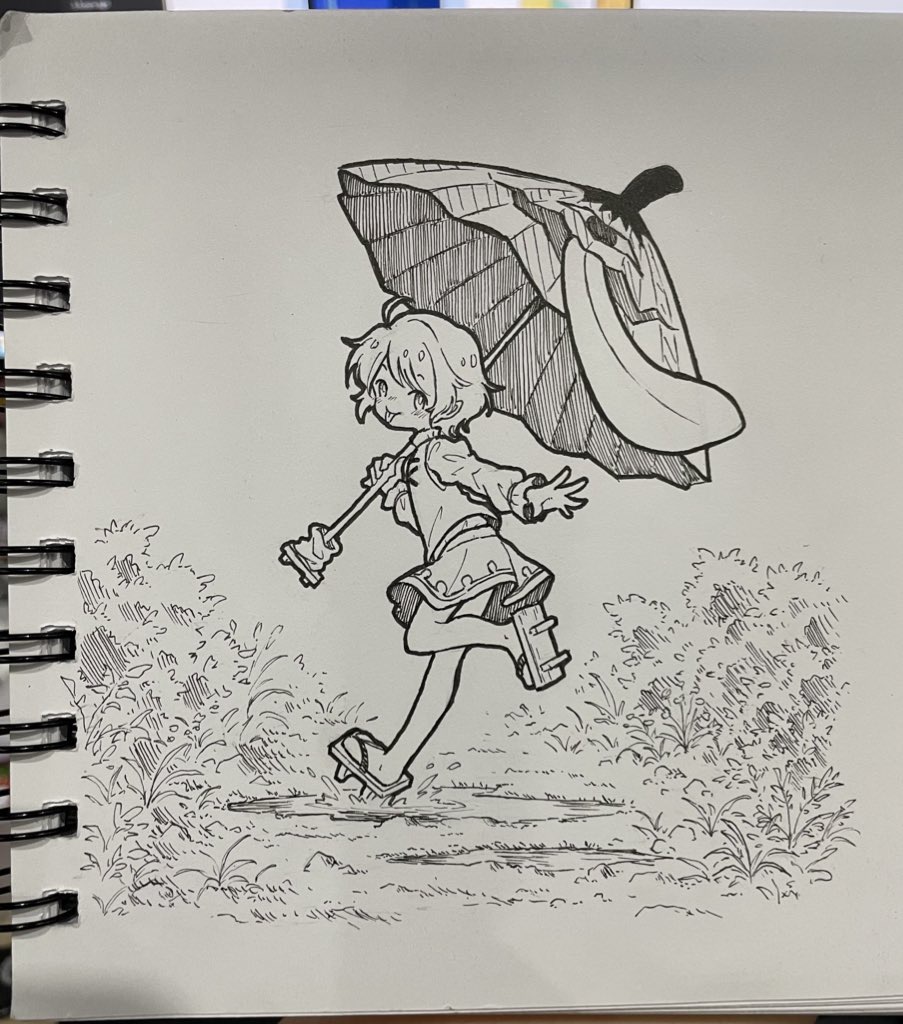 1girl :p ahoge blush commentary_request geta greyscale holding holding_umbrella karakasa_obake leg_up long_sleeves looking_at_viewer medium_hair monochrome outdoors photo_(medium) skirt solo suteruko tatara_kogasa tongue tongue_out touhou traditional_media umbrella vest