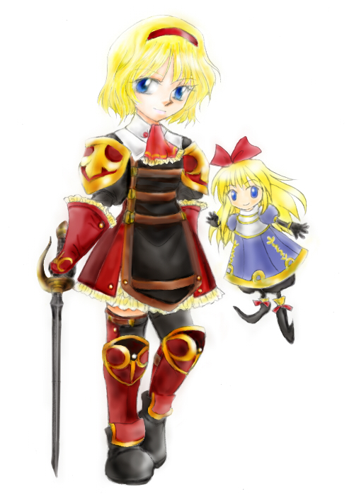 alice_margatroid armor armored_boots armored_gloves ascot blonde_hair blue_eyes boots bow cosplay crossover final_fantasy final_fantasy_xi frilled_ascot frilled_skirt frills hair_bow hairband holding holding_sword holding_weapon looking_at_viewer pauldrons red_ascot red_bow red_hairband red_mage_(final_fantasy) red_mage_(final_fantasy)_(cosplay) shanghai_doll short_hair shoulder_armor skirt sword touhou weapon ys43miyade