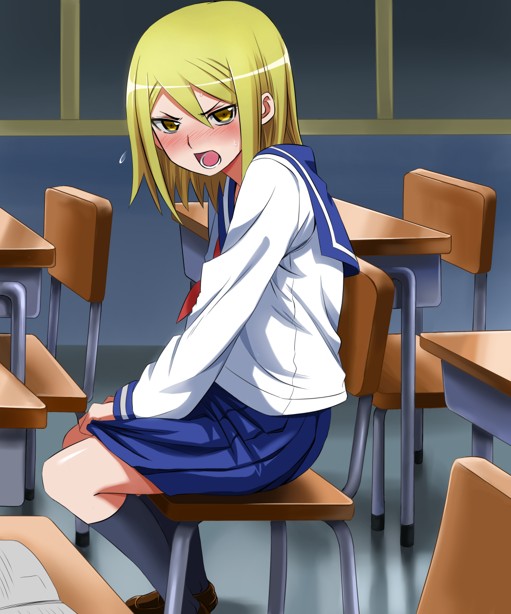 1girl blonde_hair blush chair classroom desk female_focus highres looking_at_viewer on_chair onanie_master_kurosawa school school_desk school_uniform serafuku sitting skirt skirt_tug solo sugawa_maiko windtalker yellow_eyes