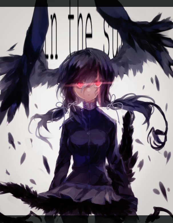 1girl black_dress black_gloves black_hair black_pantyhose black_wings breasts closed_mouth commentary_request cowboy_shot dress expressionless feathered_wings feathers gloves glowing glowing_eyes head_wings kemono_friends long_hair long_sleeves looking_at_viewer low_twintails medium_breasts pantyhose red_eyes shinjitsu_no_kuchi solo twintails white_background wings yatagarasu_(kemono_friends)