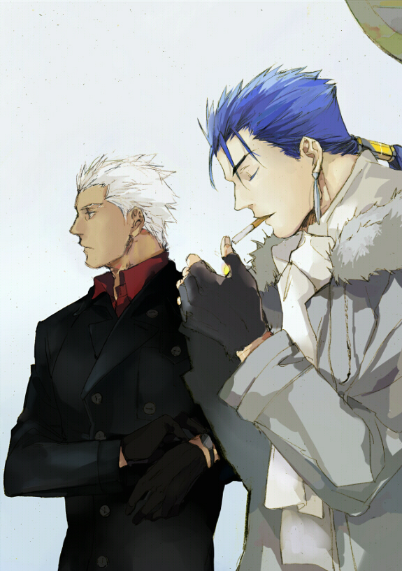 2boys archer_(fate) blue_hair cigarette crimo cu_chulainn_(fate) cu_chulainn_(fate/stay_night) dark-skinned_male dark_skin fate/stay_night fate_(series) fingerless_gloves gloves multiple_boys ponytail white_hair winter_clothes