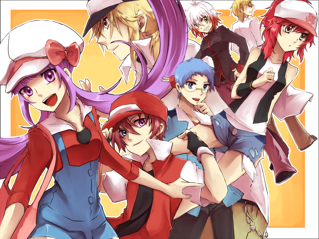 3girls 4boys asbel_lhant baseball_cap blonde_hair blue_eyes blue_hair brothers brown_eyes brown_hair cheren_(pokemon) cheren_(pokemon)_(cosplay) cheria_barnes cosplay denim denim_shorts fingerless_gloves glasses gloves gradient_hair grin hat heterochromia hilbert_(pokemon) hilbert_(pokemon)_(cosplay) hilda_(pokemon) hilda_(pokemon)_(cosplay) hubert_ozwell lyra_(pokemon) lyra_(pokemon)_(cosplay) malik_caesars multicolored_hair multiple_boys multiple_girls n_(pokemon) n_(pokemon)_(cosplay) nintendo orange_background pascal_(tales) pink_hair pokemon pokemon_bw pokemon_hgss pokemon_rgby ponytail purple_eyes purple_hair red_(pokemon) red_(pokemon)_(cosplay) red_hair richard_(tales) shorts siblings silver_(pokemon) silver_(pokemon)_(cosplay) smile sophie_(tales) tales_of_(series) tales_of_graces twintails vest white_hair you_(kimito)