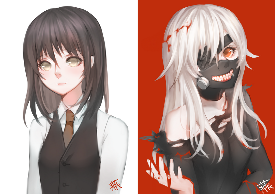 10s 2girls black_hair black_shirt black_vest blood blood_in_hair blood_on_clothes blood_on_hands breasts brown_hair brown_necktie closed_mouth dress_shirt dual_persona eyepatch genderswap genderswap_(mtf) kaneki_ken long_hair looking_at_viewer mask multiple_girls necktie orange_eyes red_eyes saphirya shirt small_breasts smile tokyo_ghoul torn_clothes torn_shirt upper_body vest waistcoat white_hair yellow_eyes zipper