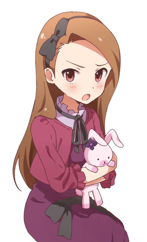1girl black_hairband black_ribbon blush breasts brown_hair buchi_(y0u0ri_) commentary dot_nose frilled_shirt frills hairband hands_up holding holding_stuffed_toy idolmaster idolmaster_(classic) idolmaster_million_live! idolmaster_million_live!_theater_days invisible_chair long_hair long_sleeves looking_at_viewer minase_iori neck_ribbon open_mouth purple_skirt red_eyes red_shirt ribbon shirt simple_background sitting skirt small_breasts solo stuffed_animal stuffed_rabbit stuffed_toy usa-chan_(idolmaster) white_background