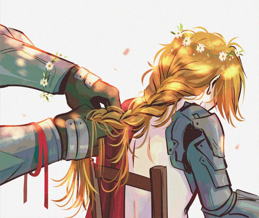 2boys alphonse_elric andythelemon blonde_hair bracelet braid braided_ponytail braiding_hair brothers chair edward_elric facing_away flower flower_bracelet flower_on_head flower_wreath fullmetal_alchemist hair_ribbon hairdressing head_out_of_frame head_wreath jewelry long_hair male_focus mechanical_arms multiple_boys pale_skin prosthesis prosthetic_arm red_ribbon ribbon siblings single_mechanical_arm sitting topless_female topless_male white_background
