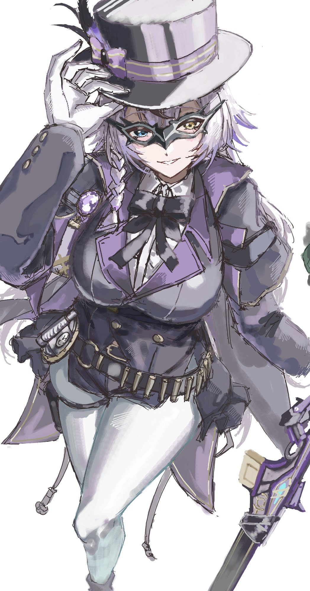 1girl assault_rifle belt black_belt blue_eyes breasts eye_mask gloves goddess_of_victory:_nikke gun hat heterochromia highres holding holding_gun holding_weapon large_breasts long_hair phantom_(nikke) rifle simple_background solo thigh_strap very_long_hair wano117_wa weapon white_background white_gloves white_hair yellow_eyes