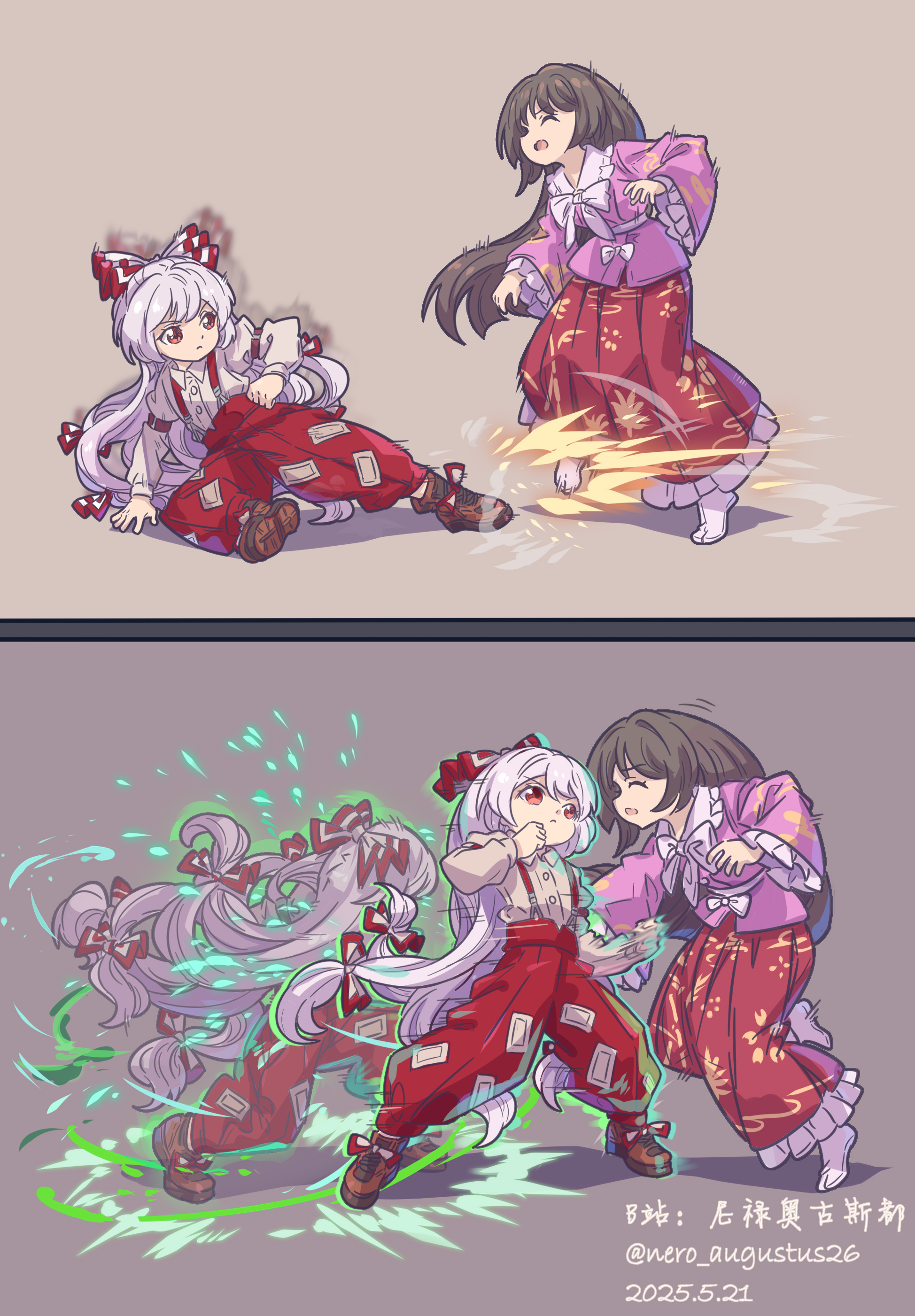 2girls absurdres afterimage aura bow brown_hair chinese_commentary combo commentary_request dashing dated drive_rush ducking fujiwara_no_mokou gameplay_mechanics green_aura hair_bow highres houraisan_kaguya jab ken_masters kicking long_hair multiple_girls multiple_hair_bows nero_augustus pink_shirt punching red_bow red_eyes red_skirt shirt signature skirt street_fighter street_fighter_6 suspender_pants touhou twitter_username white_hair
