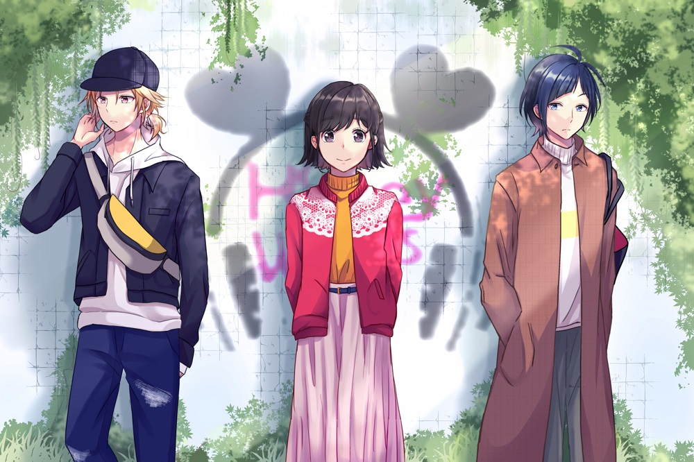 1girl 2boys blonde_hair blue_eyes blue_hair blue_pants brown_eyes brown_hair brown_jacket day denim hand_up hands_in_pockets jacket kokuhaku_jikkou_iinkai louiselulub multiple_boys outdoors pants pink_jacket pink_skirt purple_eyes shibasaki_aizou short_hair skirt someya_yuujirou standing suzumi_hiyori torn_clothes