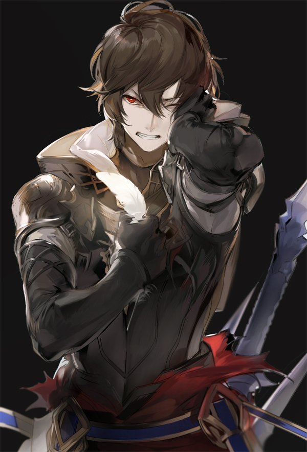 1boy ahoge arm_up armor black_background breastplate brown_hair cape clenched_teeth feathers gloves granblue_fantasy hair_between_eyes hand_on_own_face holding holding_feather hood male_focus messy_hair nineo one_eye_closed red_cape red_eyes sandalphon_(granblue_fantasy) short_hair shoulder_armor solo sword teeth turtleneck upper_body weapon white_feathers