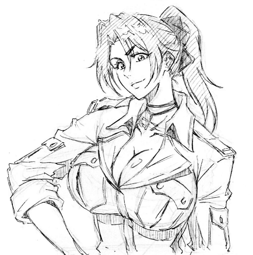 1girl bow breasts choker cleavage collarbone cross cross_necklace epaulettes female_focus hair_bow hair_ribbon hand_on_own_hip jewelry kubo_tite_(style) large_breasts long_hair necklace ponytail rakusakugk ribbon ribbon_choker shirt sleeves_pushed_up solo wolfgangina_getto zombiepowder