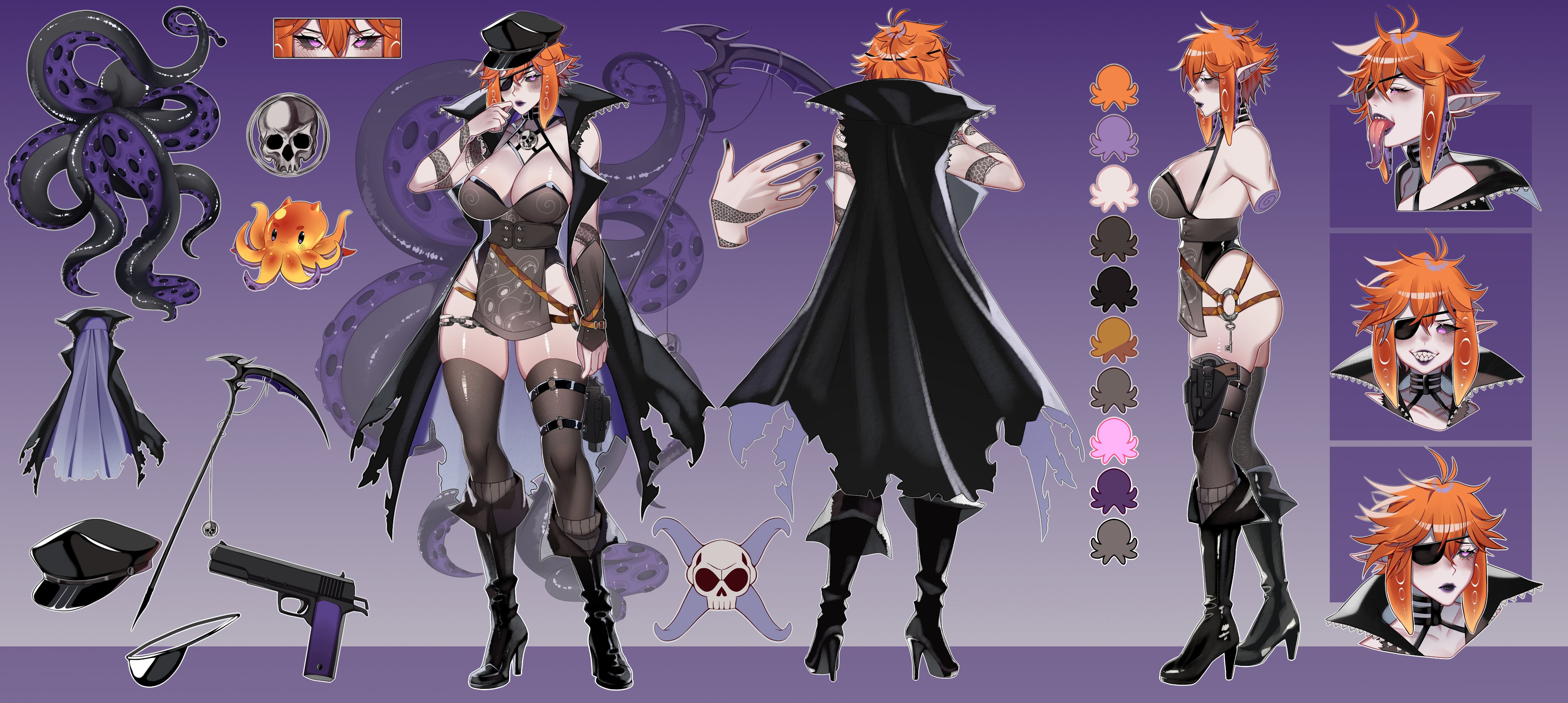 absurdres arm_tattoo black_choker black_hat black_lips black_nails black_sclera black_thighhighs blei_gotha boots breasts chain reference_sheet choker colored_sclera eyepatch eyeshadow girdle gradient_background grin gun handgun hat high_heel_boots high_heels highres holster indie_virtual_youtuber jacket key large_breasts lipstick long_tongue m1911 makeup nail_polish noodychaan octopus orange_hair pale_skin pink_eyes pointy_ears scythe sharp_teeth short_hair skull sleeveless sleeveless_jacket smile tattoo teeth tentacle_hair tentacles thigh_holster thigh_strap thighhighs tongue tongue_out torn torn_clothes torn_jacket virtual_youtuber weapon