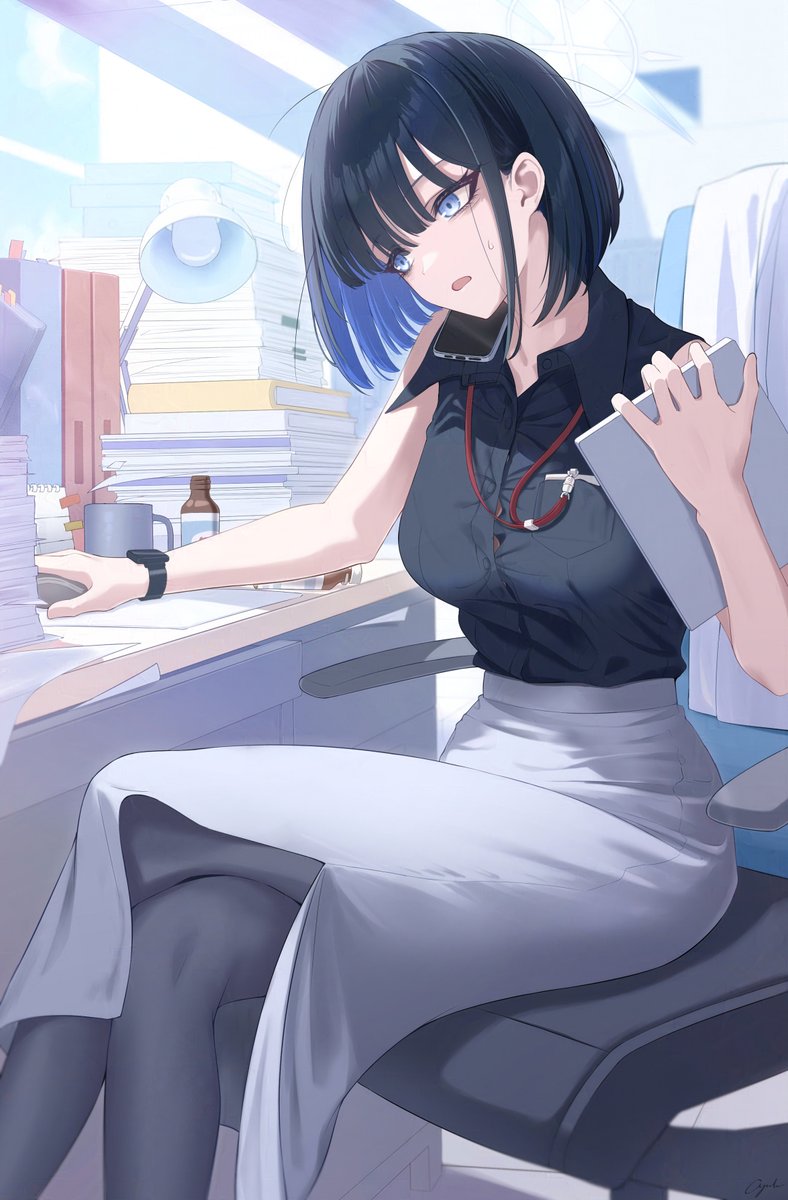 1girl aged_up alternate_costume alternate_hairstyle black_hair black_shirt blue_archive blue_eyes blunt_bangs blurry bob_cut book book_stack bottle cellphone chair clipboard collared_shirt colored_inner_hair commentary_request crossed_legs cup depth_of_field desk desk_lamp energy_drink exhausted halo head_hold head_tilt high-waist_skirt highres holding holding_clipboard holding_computer_mouse id_card indoors lamp lanyard looking_at_viewer mug multicolored_hair office office_chair office_lady okano_yuuto on_chair pantyhose paper_stack parted_lips pencil_skirt phone saori_(blue_archive) shirt short_hair side_slit sidelocks sitting skirt sleeveless sleeveless_shirt smartphone solo sweatdrop swivel_chair two-tone_hair watch wristwatch