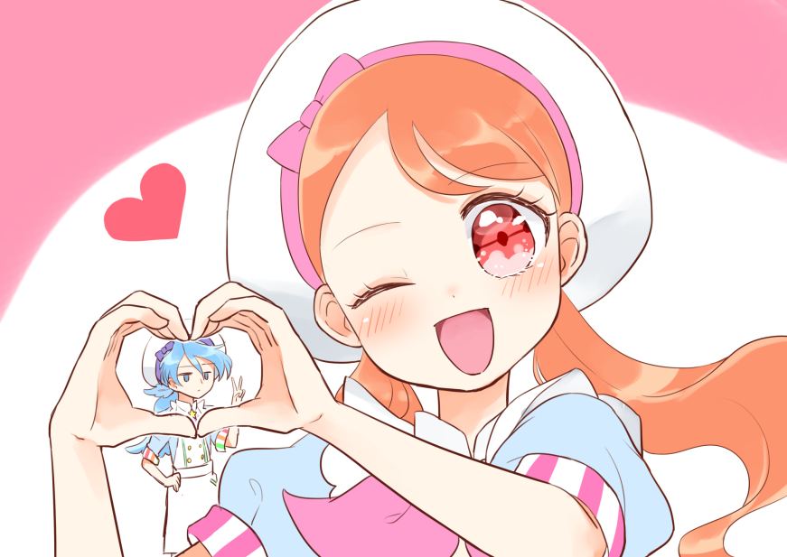 1boy 1girl aihira_(aihira12) apron beret blue_bow blue_dress blue_eyes blue_hair bow bowtie brooch brown_hair closed_mouth collared_dress cowboy_shot dot_nose dress expressionless eyelashes frilled_apron frills hair_between_eyes hair_ornament hat hat_bow heart heart_hands hetero jewelry julio_(precure) kirakira_patisserie_uniform kirakira_precure_a_la_mode kuroki_rio leaf_hair_ornament light_blush long_hair low_ponytail low_twintails one_eye_closed open_mouth outline pants pink_background pink_bow pink_bowtie ponytail precure puffy_short_sleeves puffy_sleeves red_eyes short_sleeves smile star_brooch suspender_pants swept_bangs tareme twintails two-tone_background upper_body usami_ichika v very_long_hair wavy_hair white_apron white_background white_hat white_outline white_pants