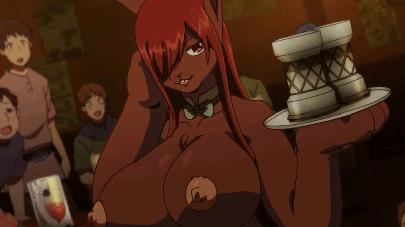 1girl animated animated_gif anime_screenshot beer_mug bouncing_breasts bow bowtie breast_expansion breasts completely_nude cup erza_scarlet erza_scarlet_(bar_altair_waitress)_(fairy_tail) fairy_tail fairy_tail:_dragon_cry furry furry_female hair_over_one_eye holding holding_tray huge_breasts looking_at_viewer mainkore mug multiple_boys nipples nude rabbit rabbit_girl red_fur red_hair third-party_edit transformation tray