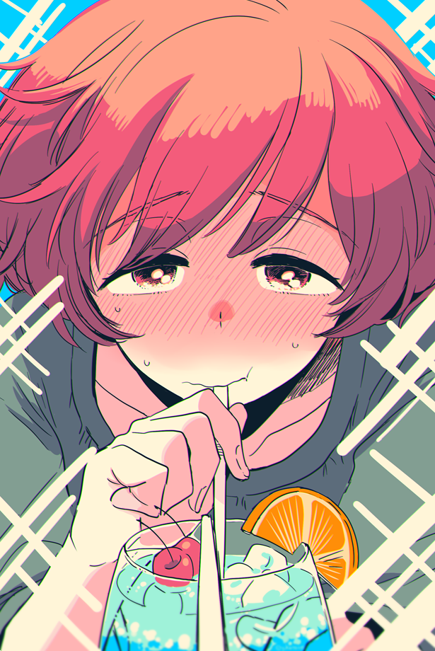 1girl :t akiyama_yukari blurry blurry_foreground blush brown_eyes brown_hair cherry closed_mouth commentary_request cup diffraction_spikes drink drinking_glass drinking_straw female_focus female_pov food frown fruit green_skirt half-closed_eyes holding holding_drinking_straw ice looking_at_viewer messy_hair orange_(fruit) orange_slice pov shared_drink short_hair short_sleeves skirt solo sweatdrop wavy_mouth yukataro yuri