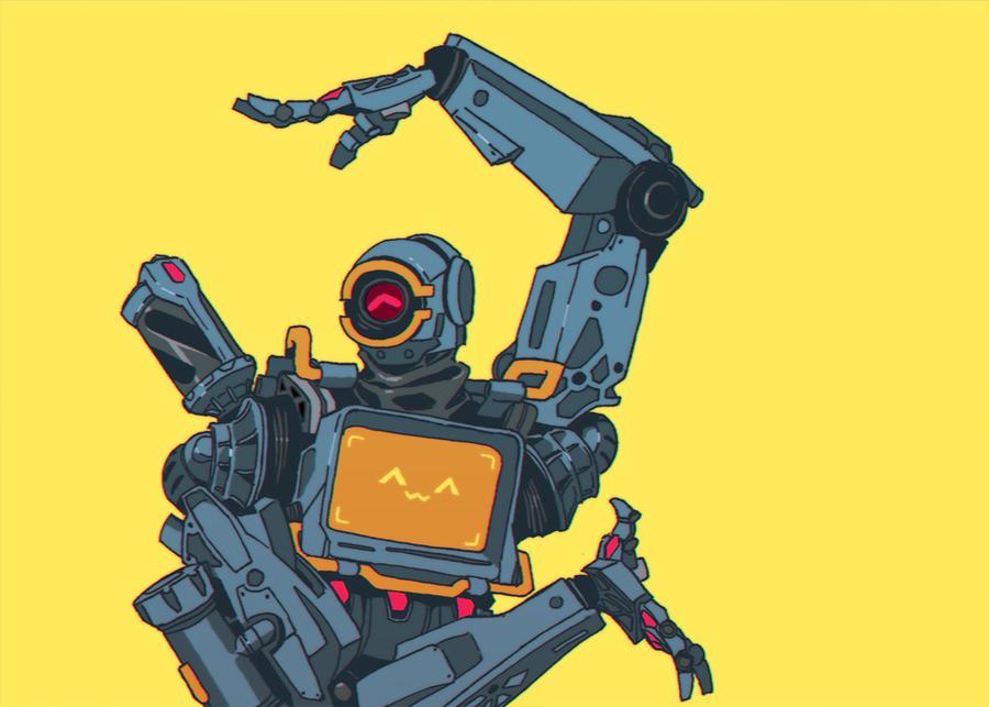 1boy ^_^ apex_legends closed_eyes dancing easy_breezy eizouken_ni_wa_te_wo_dasu_na! humanoid_robot looking_to_the_side male_focus no_humans one-eyed open_hands parody pathfinder_(apex_legends) robot sarah_stone science_fiction solo upper_body yellow_eyes