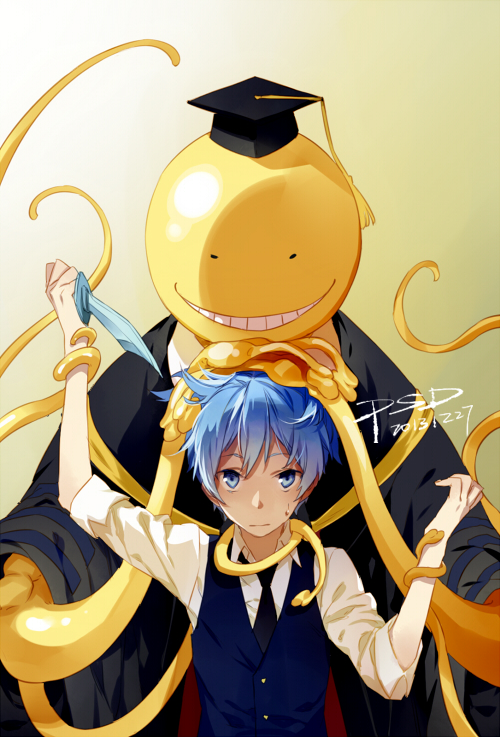 2boys ansatsu_kyoushitsu black_robe blue_eyes blue_hair grin hat holding holding_knife knife koro-sensei looking_at_viewer mortarboard multiple_boys nagisa_kaworu psd_(psdgai) robe short_hair smile sweatdrop tentacles