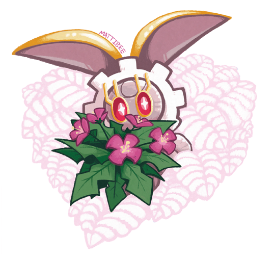 bouquet commentary creature english_commentary flower gen_7_pokemon legendary_pokemon looking_at_viewer magearna magearna_(normal) mattibee mythical_pokemon nintendo no_humans pokemon pokemon_(creature) red_eyes signature simple_background solo white_background