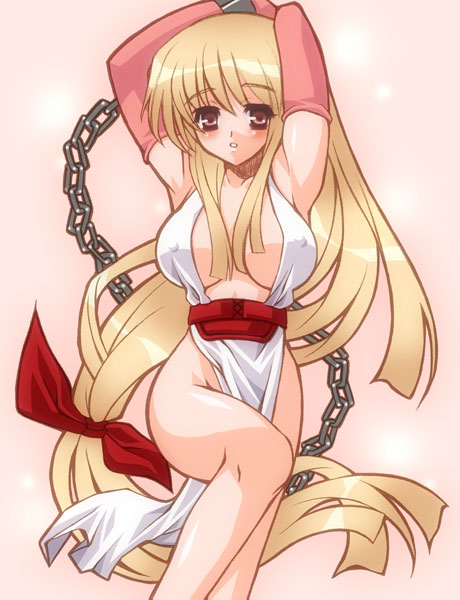 1girl arms_up blonde_hair breasts chain covered_erect_nipples dragon_knight_(elf) dress elbow_gloves gloves hair_ribbon hakoiri_nyanko jane_(dragon_knight) large_breasts long_hair low-tied_long_hair no_panties parted_lips pelvic_curtain pink_eyes pink_gloves red_ribbon ribbon solo very_long_hair white_dress