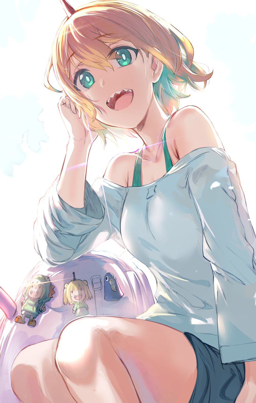 1girl :d amano_pikamee aqua_eyes blue_hair blue_shorts breasts collarbone commentary english_commentary gyari_(bird) hair_between_eyes hews highres looking_at_viewer medium_breasts open_mouth sharp_teeth shirt short_hair shorts smile solo teeth upper_teeth_only virtual_youtuber voms white_shirt
