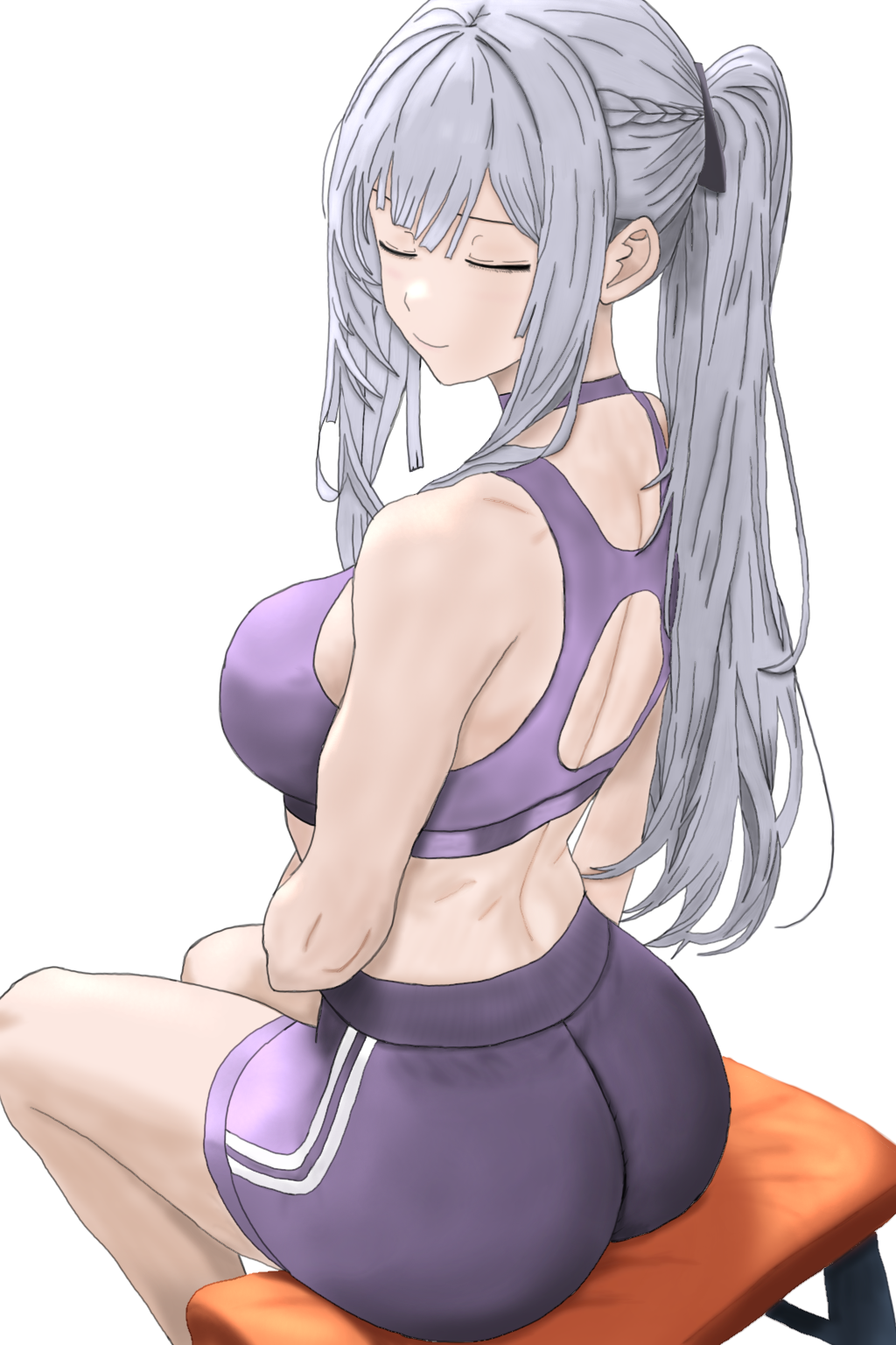 1girl ak-12_(girls&#039;_frontline) alternate_costume ass bra breasts closed_eyes from_behind girls&#039;_frontline grey_hair gym_uniform highres invisibless ponytail purple_shorts purple_sports_bra shorts smile solo sports_bra underwear