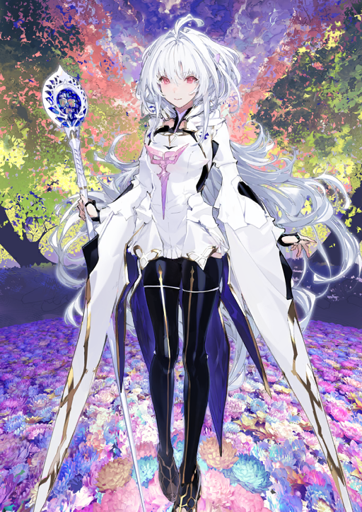 1girl ahoge arms_at_sides black_boots black_gloves boots breasts closed_mouth clothing_cutout dress fate/grand_order fate_(series) field fingerless_gloves flower flower_field full_body game_cg gloves hair_between_eyes hair_intakes high-low_dress high_collar holding holding_staff lady_avalon_(fate) lady_avalon_(first_ascension)_(fate) long_hair long_sidelocks long_sleeves looking_at_viewer medium_breasts merlin_(fate/prototype) official_art red_eyes sidelocks smile solo staff standing taiki_(luster) thigh_boots third-party_source variant_set very_long_hair white_dress white_hair wide_sleeves