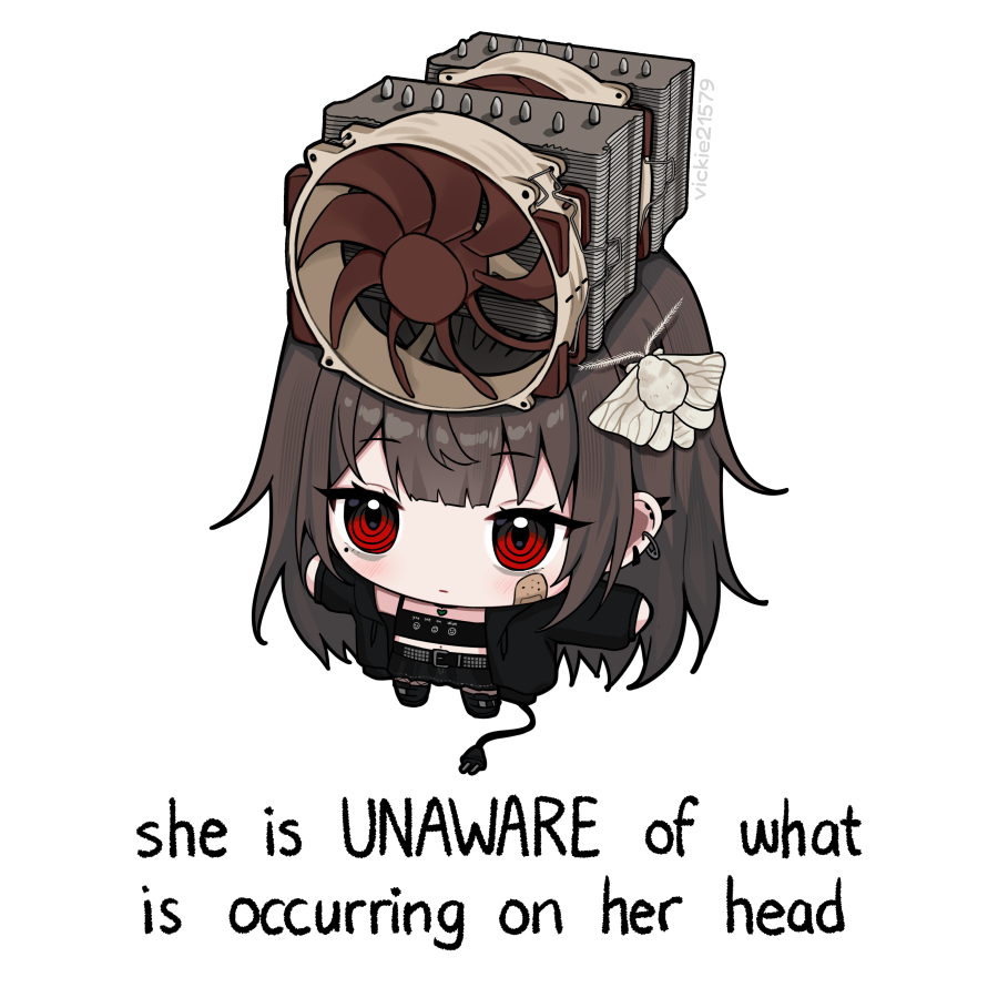 1girl animal animal_on_head artist_name artist_self-insert bandaid bandaid_on_face belt belt_buckle black_belt black_footwear black_jacket brown_hair buckle bug chibi chibi_only closed_mouth commentary computer_fan ear_piercing earrings electric_plug electric_plug_tail english_text flat_chest full_body hashtag-only_commentary he_is_unaware_of_what_is_occuring_on_his_head_(meme) heat_sink insect jacket jewelry long_hair long_sleeves meme mole mole_under_eye moth moth_on_head navel no_nose noctua object_on_head on_head original piercing red_eyes ringed_eyes sidelocks silk_moth simple_background solo standing t-pose tail twitter_username vickie_(cryingrobot) vickie_(cryingrobot)_(character) white_background