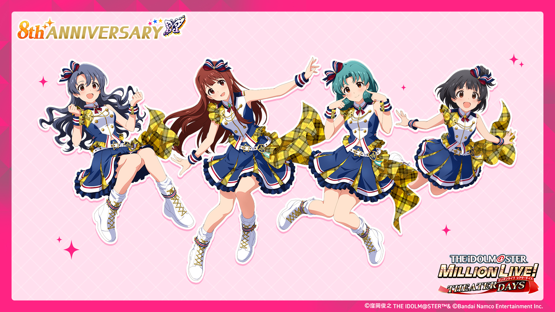 4girls anniversary aqua_hair bandai_namco belt black_hair blue_hair blue_skirt boots bow bug butterfly buttons copyright_name copyright_notice create_festival_(idolmaster) english_text floating frilled_skirt frills hair_bow highres idol_clothes idolmaster idolmaster_million_live! idolmaster_million_live!_theater_days insect layered_skirt multiple_girls nakatani_iku official_art open_mouth orange_eyes pink_background plaid_clothes red_eyes red_hair skirt star_(symbol) takayama_sayoko tanaka_kotoha tokugawa_matsuri wrist_cuffs
