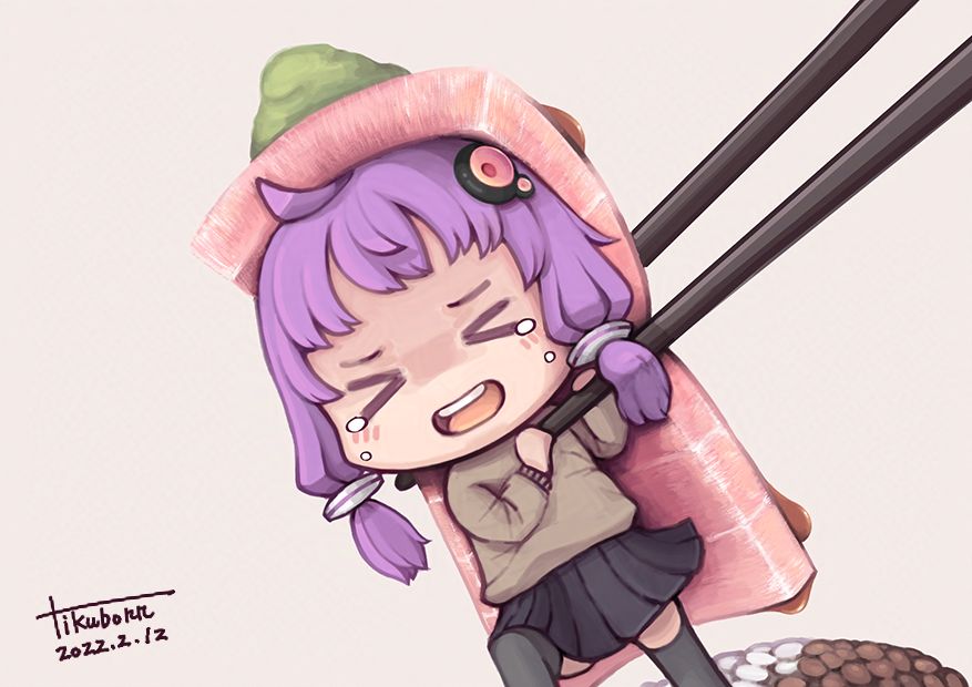 &gt;_&lt; 1girl artist_name black_skirt brown_sweater chopsticks closed_eyes commentary_request dated fish_(food) food food_on_head grey_thighhighs hair_ornament long_hair long_sleeves mini_person minigirl miniskirt object_on_head open_mouth pleated_skirt purple_hair signature skirt soy_sauce sushi sweater tears thighhighs tikubonn tuna voiceroid wasabi yuzuki_yukari