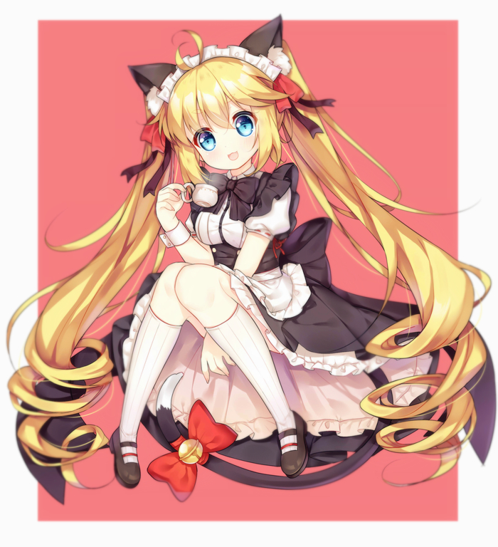 1girl :3 :d andrea_doria_(warship_girls_r) animal_ears apron bell black_bow black_dress black_shoes blonde_hair blue_eyes blush bow cat_ears cat_girl cat_tail character_request cup dress female_focus frilled_apron frills hair_between_eyes hair_bow head_tilt holding holding_cup jingle_bell kneehighs long_hair looking_at_viewer maid maid_headdress mary_janes open_mouth puffy_short_sleeves puffy_sleeves red_bow ringlets shoes short_sleeves smile socks solo steam tail tail_bell tail_bow tail_ornament teacup tengxiang_lingnai twintails very_long_hair waist_apron warship_girls_r white_apron white_socks