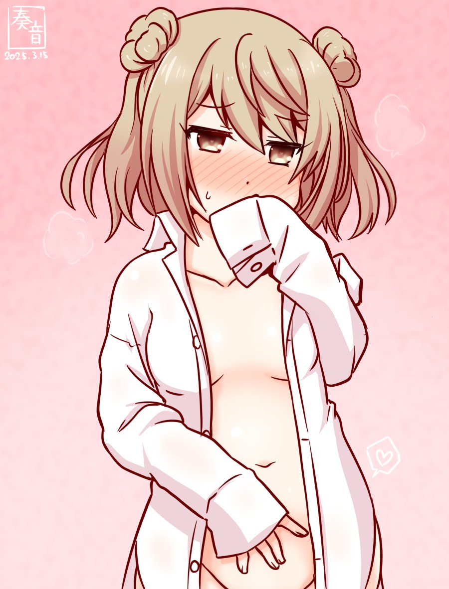 1girl artist_logo blush breasts brown_eyes brown_hair collared_shirt commentary_request covering_own_mouth dated donut_hair_bun double_bun dress_shirt gradient_background hair_bun kanon_(kurogane_knights) kantai_collection logo michishio_(kancolle) no_panties nose_blush one-hour_drawing_challenge open_clothes open_shirt pink_background shirt short_hair short_twintails small_breasts solo twintails white_shirt