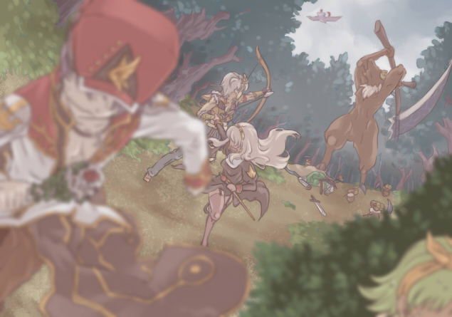 2girls 3boys animal_ears arrow_(projectile) baphomet_(ragnarok_online) baphomet_jr bird black_coat black_dress blue_pants blurry bow_(weapon) brown_shirt bush cape closed_mouth coat commentary_request crop_top crown day defeat demon depth_of_field drawing_bow dress dutch_angle fleeing full_body fur-trimmed_gloves fur-trimmed_shirt fur_trim garter_straps gloves grass green_hair hairband high_priest_(ragnarok_online) holding holding_bow_(weapon) holding_staff holding_weapon in-universe_location knight_(ragnarok_online) long_hair looking_at_another looking_to_the_side lying monster multiple_boys multiple_girls no_eyes novice_(ragnarok_online) on_ground open_mouth outdoors pants priest_(ragnarok_online) purple_hair rabbit_ears ragnarok_online red_headwear red_shirt scythe shirt short_hair sleeveless sleeveless_shirt sniper_(ragnarok_online) staff standing susukinohukurou sword thighhighs tree two-tone_shirt upper_body weapon white_hair white_shirt yellow_gloves yellow_shirt