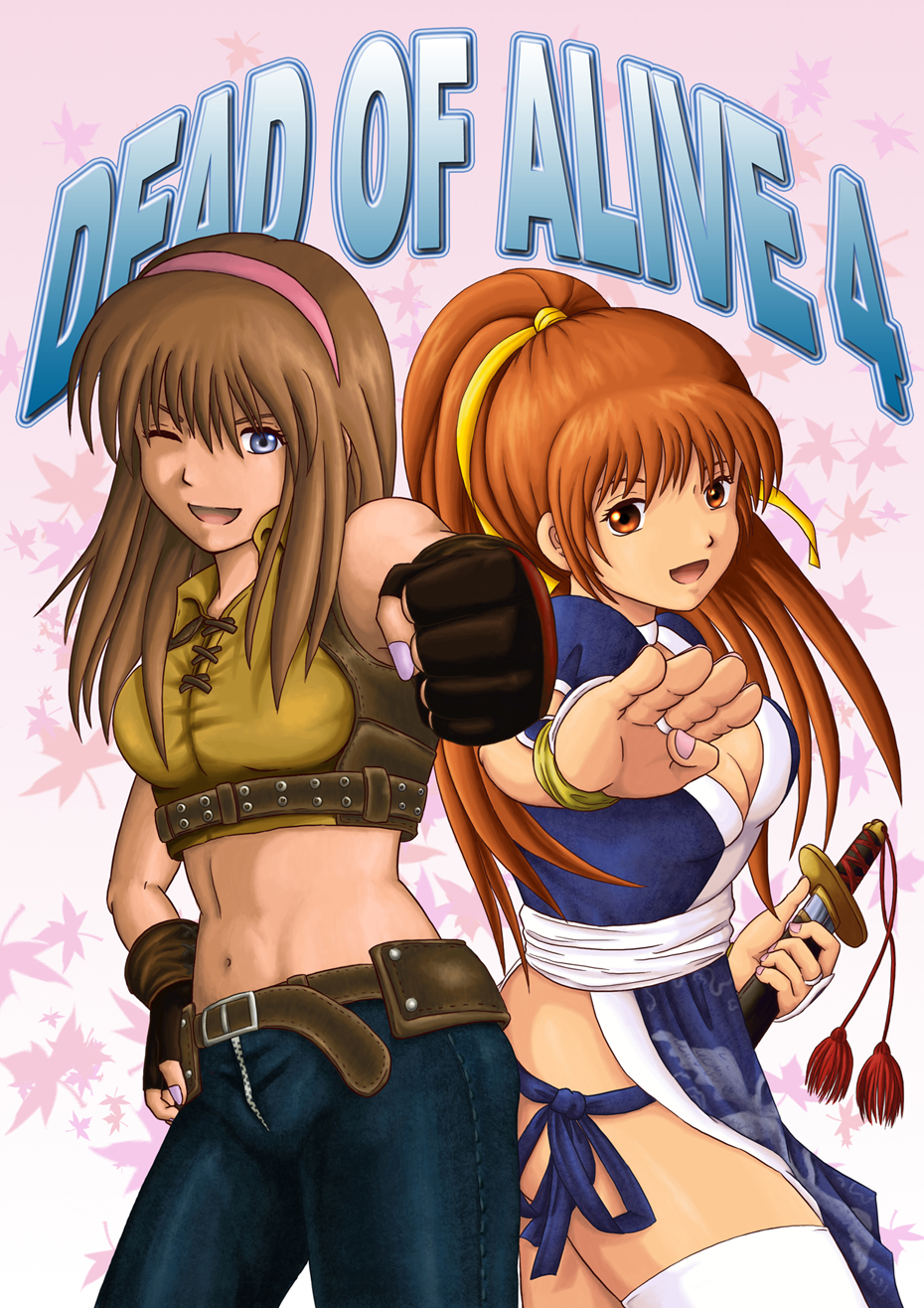 2girls back-to-back blue_eyes breasts brown_eyes brown_hair choker cleavage dead_or_alive dead_or_alive_4 denim fighting_stance hairband highres hitomi_(doa) jeans kagura_dfc kasumi_(doa) long_hair midriff multiple_girls navel ninja one_eye_closed panties pants pelvic_curtain ponytail sheath short_sword side-tie_panties sword tecmo thighhighs thumbs_up toned toned_female underwear unsheathing weapon white_legwear wink