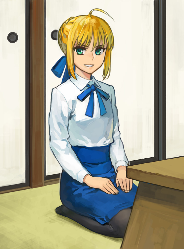 1girl ahoge artoria_pendragon_(fate) b_suke black_pantyhose blonde_hair blue_ribbon blue_skirt collared_shirt fate/stay_night fate_(series) food food_on_face green_eyes hair_bun hair_ribbon hands_on_lap looking_at_viewer neck_ribbon pantyhose parted_lips ribbon saber_(fate) seiza shirt shirt_tucked_in shouji sidelocks sitting skirt sliding_doors smile solo table white_shirt