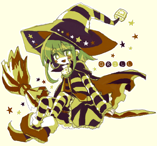 1girl :3 black_hat bright_pupils broom broom_riding cape character_name commentary_request green_eyes green_hair gryll_(kirby) hair_between_eyes hat jacket kirby_(series) nintendo open_clothes open_jacket open_mouth panties pantyhose personification petticoat pointy_footwear shirt short_hair_with_long_locks sketch skirt solo star-shaped_pupils star_(symbol) star_print striped_clothes striped_headwear striped_jacket striped_panties striped_pantyhose striped_shirt striped_skirt symbol-shaped_pupils two-sided_cape two-sided_fabric underwear usagi_nui white_pupils witch_hat