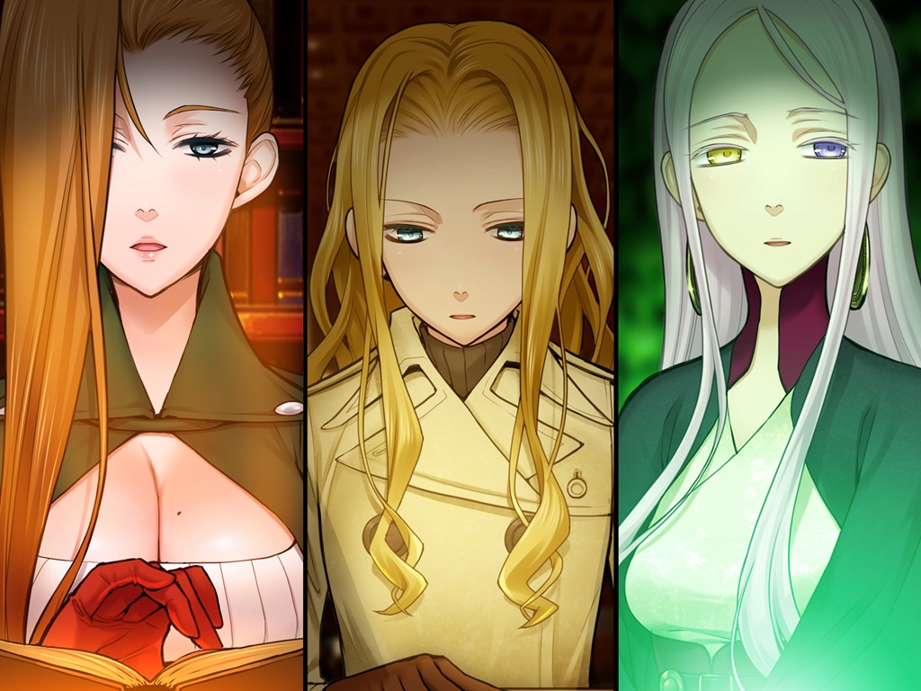 3girls anabeth_william_mardick_jr. blonde_hair brown_hair florence_ameghino_nightingale game_cg heterochromia keziah_mason liarsoft long_hair multiple_girls ourai_no_gahkthun purple_hair steampunk_(liarsoft)