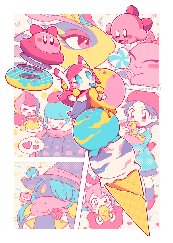 6+girls ^_^ adeleine aqua_hair aqua_shirt artist_name bag beret black_skirt blue_eyes blush blush_stickers border bouncy_(kirby) bow candy cherry chuchu_(kirby) circle claycia closed_eyes closed_mouth collared_shirt commentary_request crown donut drawcia dress drooling elline_(kirby) eyelashes fairy fairy_wings food food_on_face fruit gloves grey_hair grey_skirt hair_between_eyes hair_over_eyes hair_over_one_eye hair_ribbon hand_up hands_up hat heart heart-shaped_food heart-shaped_lollipop holding holding_candy holding_food holding_lollipop holding_spoon ice_cream ice_cream_cone kirby kirby_(series) limited_palette lollipop long_hair long_sleeves looking_at_another macaron midooka_(o_k_k) multiple_girls nintendo one_eye_covered open_mouth outside_border parted_bangs pink_bow pink_hair pink_scarf plate polka_dot polka_dot_bow polka_dot_headwear polka_dot_scarf polka_dot_shirt pudding purple_headwear queen_sectonia rayman_limbs red_dress red_footwear red_headwear red_ribbon ribbon ribbon_(kirby) scarf shaped_lollipop shirt shoes short_hair skirt smile sparkle speech_bubble spoken_heart spoon standing star_(symbol) susie_(kirby) taiyaki triangle triple_scoop twitter_username wagashi watermark white_border white_shirt wings witch_hat yellow_background yellow_eyes yellow_gloves