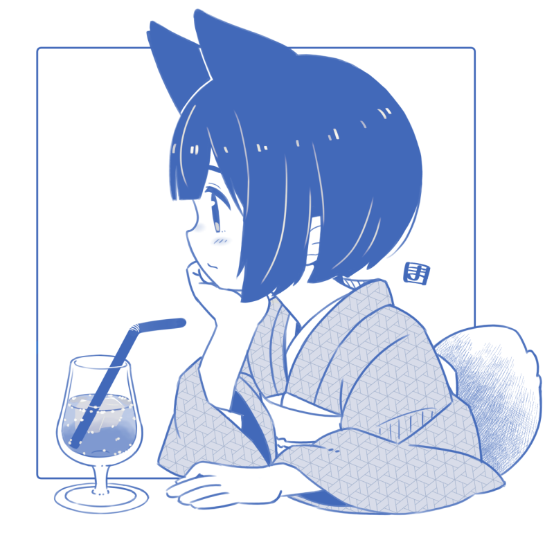 1girl animal_ears bendy_straw blue_theme blush closed_mouth commentary_request cropped_torso cup drinking_glass drinking_straw fox_ears fox_girl fox_tail japanese_clothes kimono kukuri_(mawaru) long_sleeves mawaru_(mawaru) monochrome obi original profile sash short_hair simple_background solo tail upper_body white_background wide_sleeves