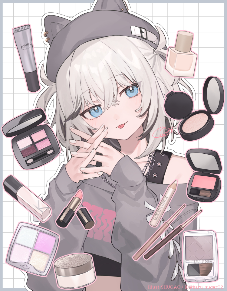 1girl :p animal_ear_headwear animal_ears blue_eyes border chain chain_necklace commentary compact_(cosmetics) cosmetics dog_ears dog_girl english_commentary fake_animal_ears grey_background grey_border grey_hat grey_sweater grid_background hat interlocked_fingers jewelry kmnz light_blush lipstick_tube mascara_wand medium_hair necklace off-shoulder_sweater off_shoulder own_hands_together print_sweater shugao signature solo sweater tina_(kmnz) tongue tongue_out two_side_up upper_body white_hair white_nails