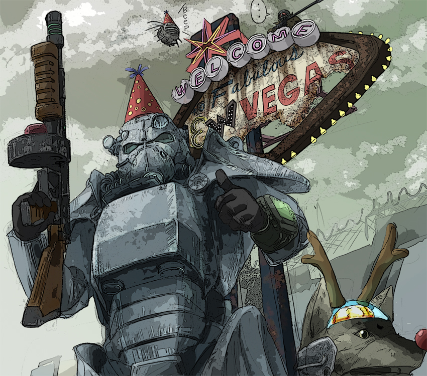 ... 2others animal armor bad_id bad_pixiv_id brain commentary_request cosplay cyborg day dog ed-e english_text eyebot fake_antlers fallout fallout:_new_vegas fence grey_armor gun hat holding holding_gun holding_weapon multiple_others ncr_veteran_ranger neon_sign obomugera outdoors party_hat pip_boy power_armor red_nose rex_(fallout:_new_vegas) rifle rudolph_the_red_nosed_reindeer rudolph_the_red_nosed_reindeer_(cosplay) sign sniper_rifle spoken_ellipsis submachine_gun third-party_source thompson_submachine_gun thumbs_up weapon