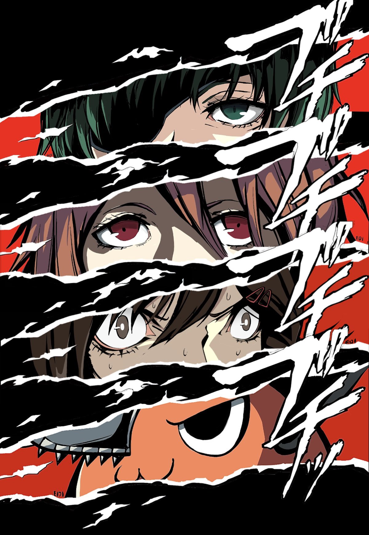 1boy 2girls angel_devil_(chainsaw_man) black_hair brown_hair chainsaw chainsaw_man eiji_nochi eye_focus eyepatch green_eyes hair_between_eyes hair_ornament hairclip higashiyama_kobeni highres himeno_(chainsaw_man) long_hair looking_at_viewer looking_to_the_side multiple_girls parody persona_eyes pochita_(chainsaw_man) red_background red_eyes red_hair short_hair simple_background style_parody sweat