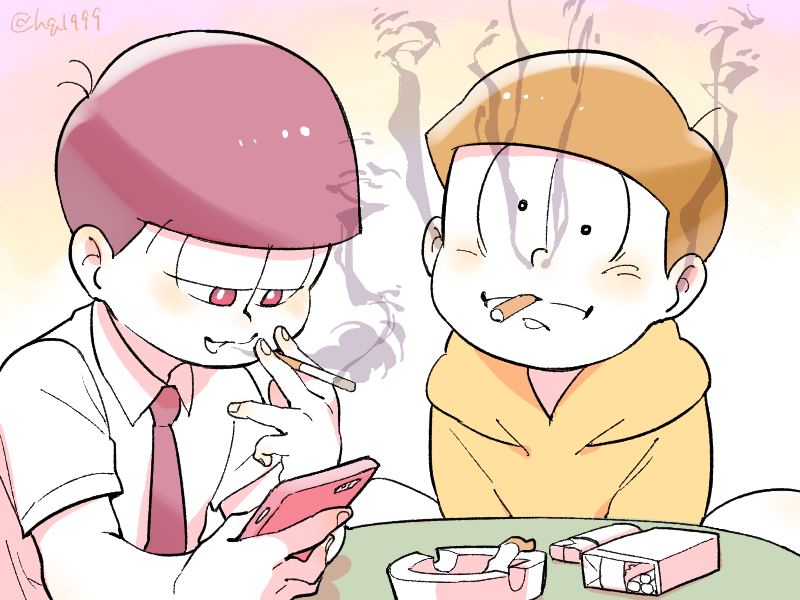 2boys 6_9 ahoge ashtray brothers cigarette cigarette_pack holding holding_cigarette holding_phone hood hoodie indian_style looking_at_phone male_focus matsuno_jyushimatsu matsuno_todomatsu mouth_hold multiple_boys osomatsu-san osomatsu_(series) phone siblings sitting smoke smoking table tamago_toji yellow_hoodie