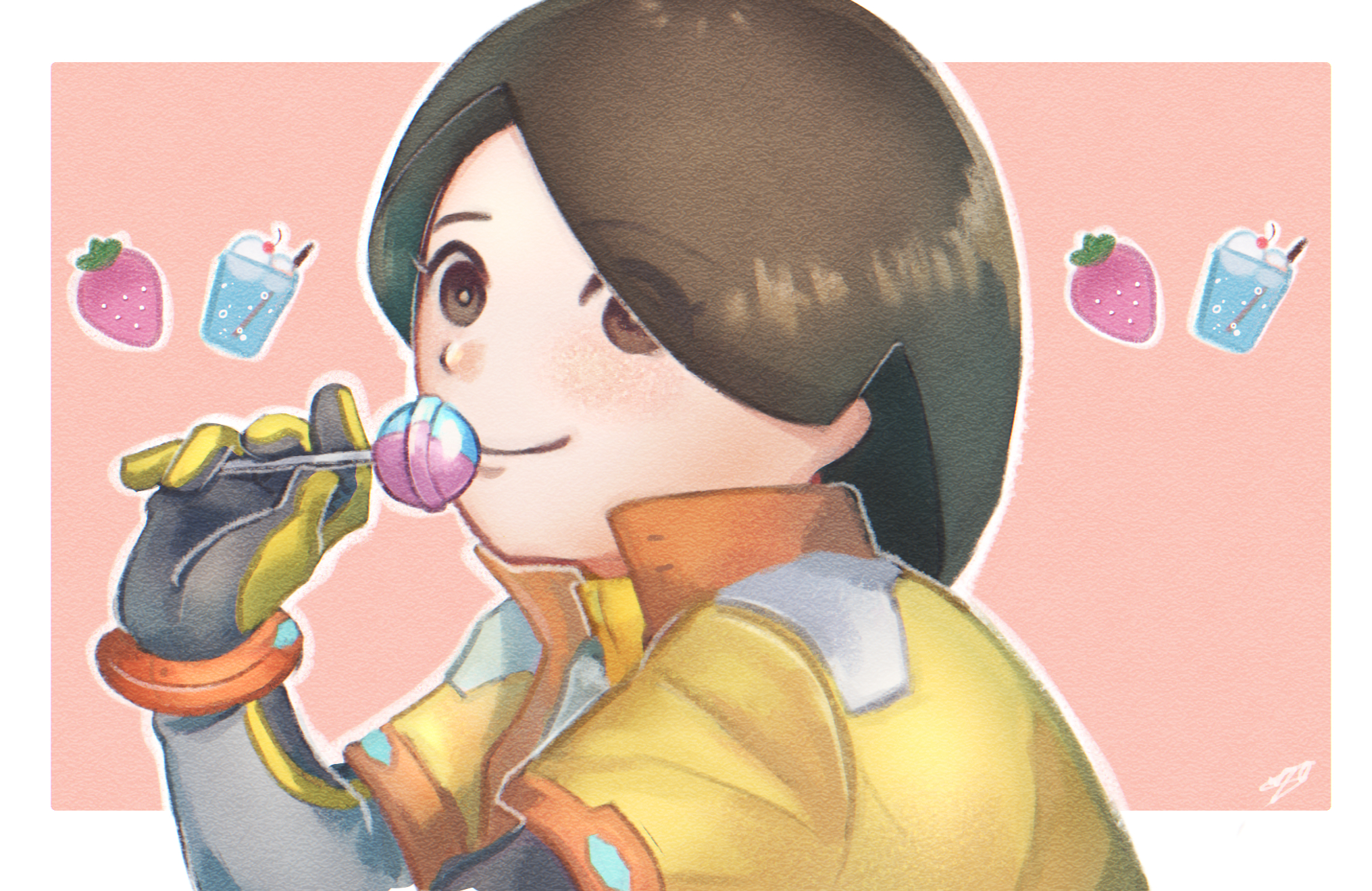 1girl animification black_gloves black_hair blush bodysuit border breasts brown_eyes brown_hair candy closed_mouth commentary cup drink drinking_straw eating eyes_visible_through_hair food fruit gloves hair_over_one_eye hand_up high_collar highres holding holding_candy holding_food holding_lollipop jacket lollipop long_hair looking_at_viewer mii_(nintendo) mii_gunner mii_gunner_(smash_ultimate) nintendo nyo02921978 outline pink_background short_hair short_sleeves signature simple_background smile solo strawberry super_smash_bros. upper_body white_border white_outline yellow_jacket