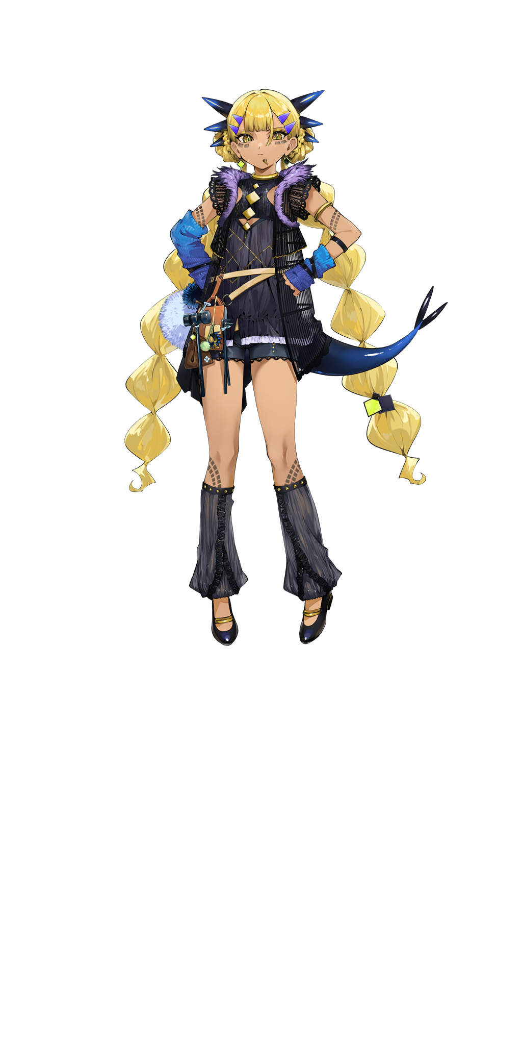 1girl aged_down belt black_shirt black_shorts blonde_hair blue_arm_warmers body_markings braid braided_twintails clothing_cutout dark-skinned_female dark_skin dragon_girl dragon_horns dragon_tail earrings facial_mark fate/grand_order fate_(series) full_body game_cg gold_armlet hair_ornament hairclip highres horns jewelry la-na lace-trimmed_shorts lace_trim leg_warmers long_hair looking_at_viewer official_art shirt shoes shorts side_labret_piercing solo standing tachi-e tail third-party_source transparent_background vritra_(fate) yellow_eyes