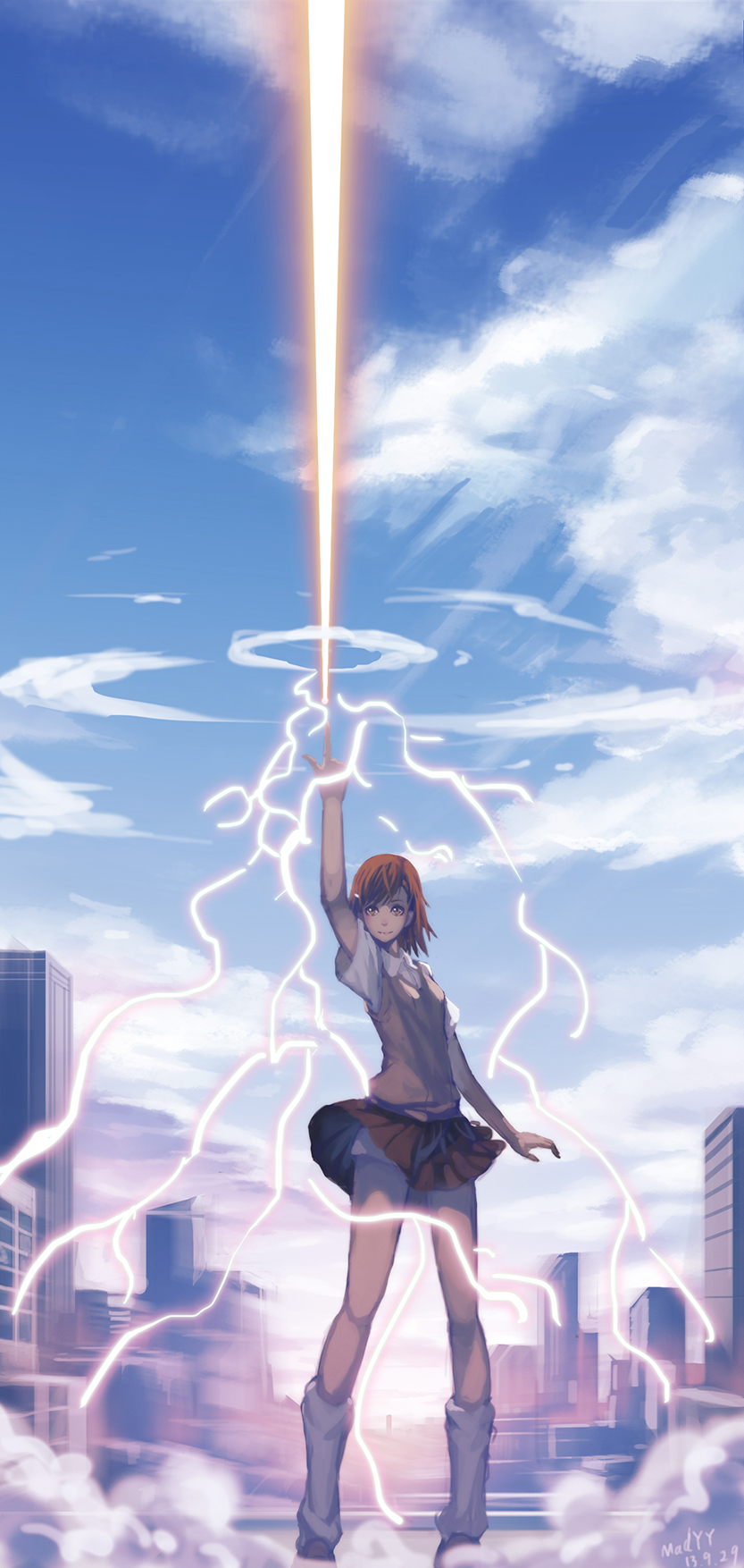1girl action arm_up beam black_skirt blue_sky brown_eyes brown_hair brown_jacket building city cityscape cloud cloudy_sky day electricity electrokinesis energy feet_out_of_frame female_focus firing full_body glowing hand_up highres jacket light_smile looking_at_viewer madyy misaka_mikoto outdoors psychic railgun school_uniform short_hair short_shorts shorts skirt sky smile socks solo standing toaru_kagaku_no_railgun toaru_kagaku_no_railgun_s toaru_majutsu_no_index tokiwadai_school_uniform