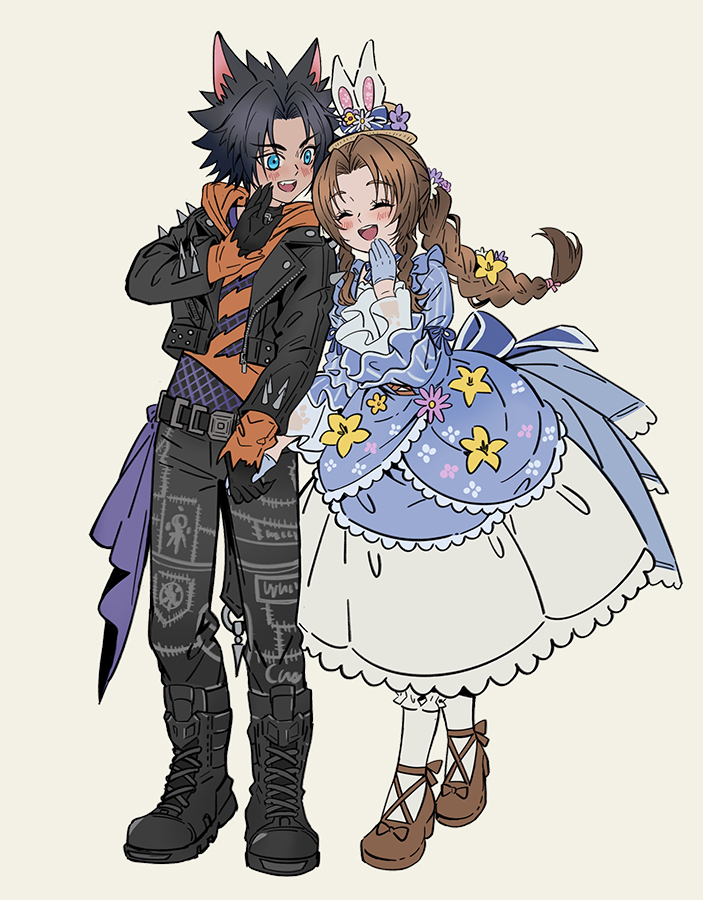 1boy 1girl aerith_gainsborough aerith_gainsborough_(classic_coney) animal_ears black_hair boots braid braided_ponytail dress dress_flower fake_animal_ears final_fantasy final_fantasy_vii final_fantasy_vii_ever_crisis flower hair_flower hair_ornament hat holding_hands hood hoodie huosheanng jacket laughing leather leather_jacket mini_hat mini_top_hat official_alternate_costume open_mouth rabbit_ears simple_background smile spiked_hair spiked_jacket top_hat wolf_ears zack_fair zack_fair_(black_hound)