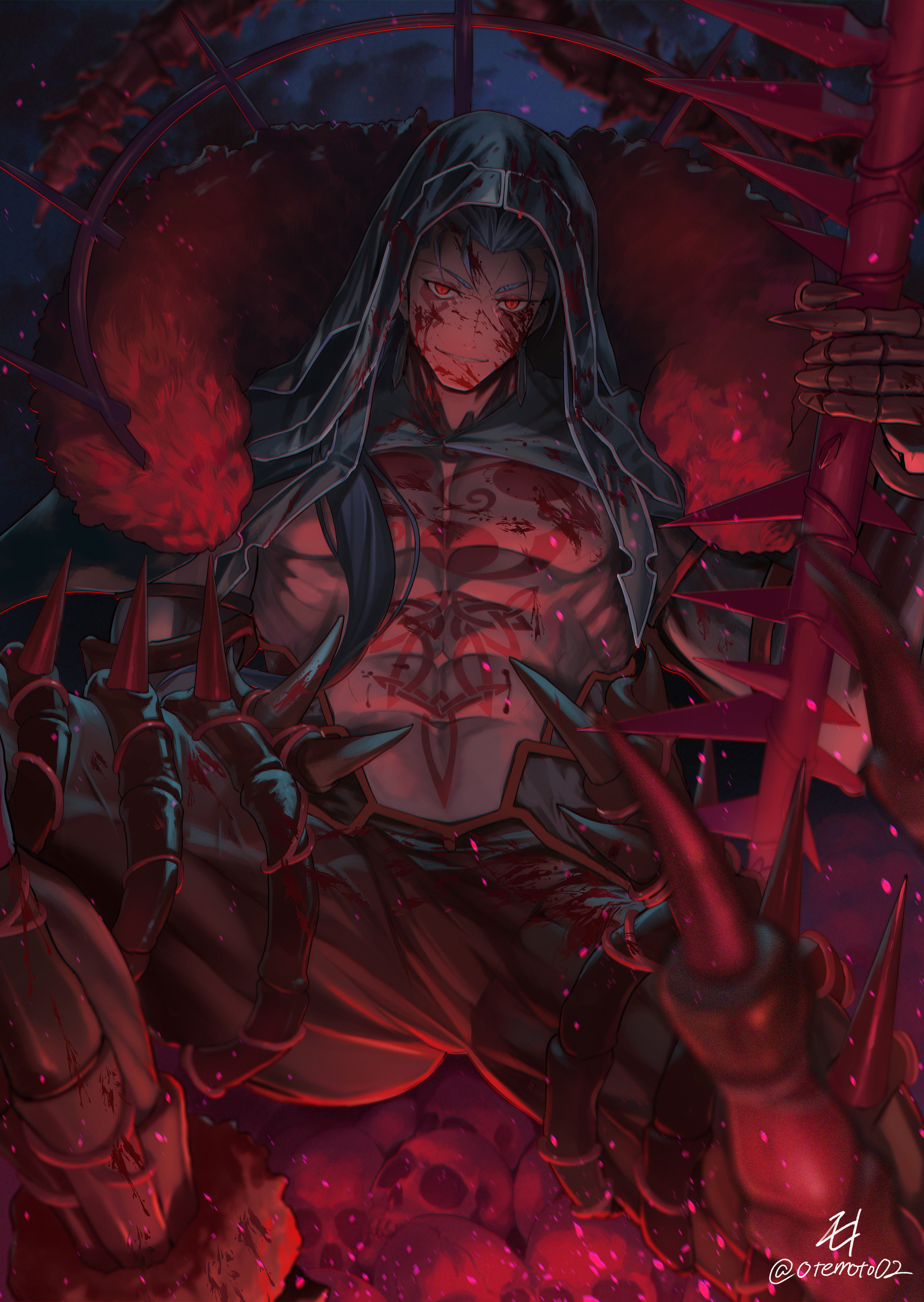 1boy absurdres black_bodysuit black_cape black_gloves black_hair blood blood_on_chest blood_on_clothes blood_on_face bodysuit cape chest_tattoo cowboy_shot cu_chulainn_(fate) cu_chulainn_alter_(fate) cu_chulainn_alter_(third_ascension)_(fate) detached_hood earrings elbow_gloves fate/grand_order fate_(series) gae_bolg_(fate) gloves grin hair_over_shoulder highres holding holding_polearm holding_weapon jewelry legs_apart long_hair looking_at_viewer male_focus mitsudomoe_(shape) moto_(otemoto02) muscular muscular_male navel polearm red_eyes sharp_teeth signature skull smile solo spikes standing tattoo teeth tomoe_(symbol) twitter_username weapon