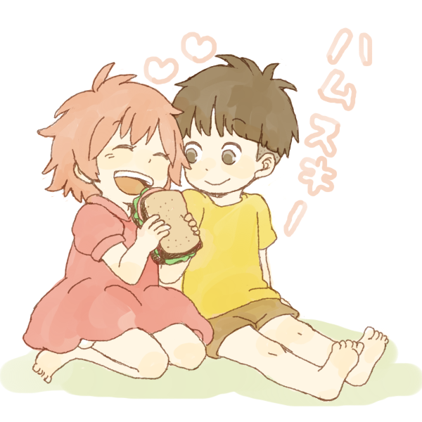 1boy 1girl barefoot brown_eyes child closed_eyes dress food gake_no_ue_no_ponyo heart holding holding_food looking_at_another open_mouth pink_hair ponyo sandwich shirt short_hair short_sleeves shorts sitting smile sousuke_(ponyo) t-shirt translation_request yukke