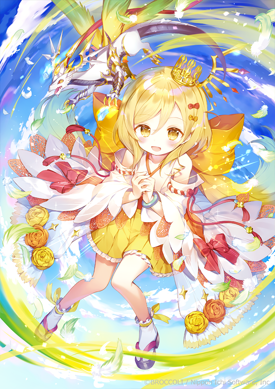 1girl aged_down bangle bare_shoulders blonde_hair bow bracelet copyright_notice crown detached_sleeves dragon feathers hair_bow hair_horns ibara_riato japanese_clothes jewelry medium_hair miko nino_(z/x) official_art open_mouth orange_bow red_bow sandals socks white_feathers white_socks yellow_eyes z/x zouri